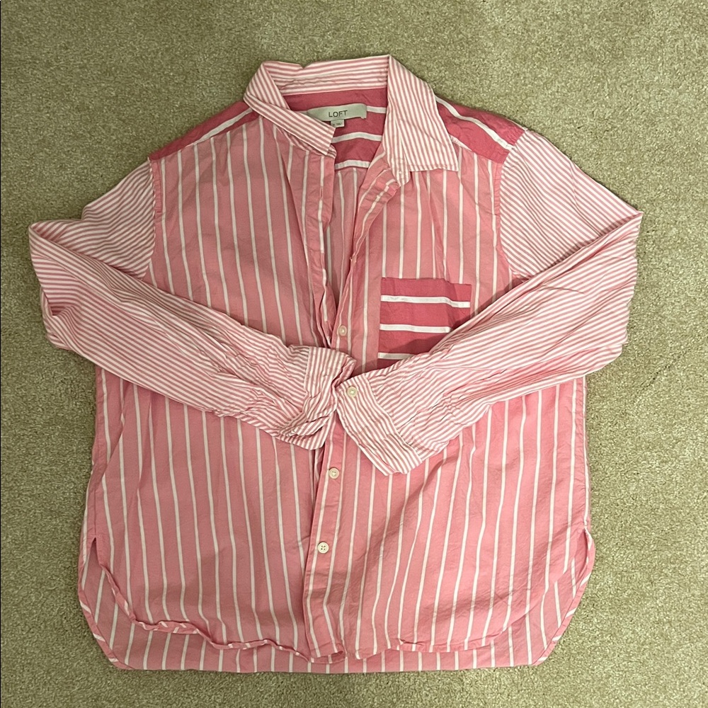 LOFT Women’s Casual Pink and White Striped Button-Down Shirt
